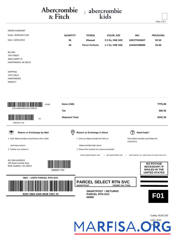 Printable USA Abercrombie & Fitch invoice template in Word and PDF format, fully editable